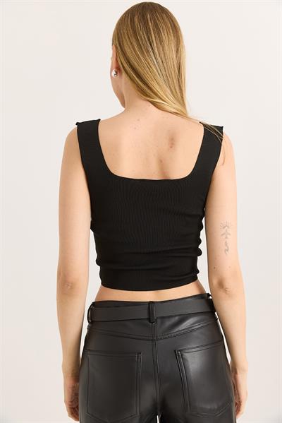  Kare Yaka Crop Triko Bluz Siyah