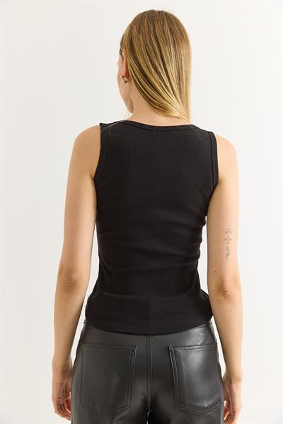 Kurdele İşlemeli Fittili Kalın Askılı Bluz Siyah