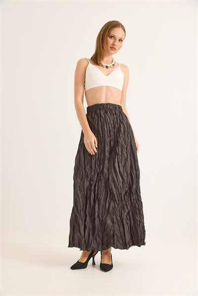 Kırışık Model Beli Lastikli Kadın Etek Füme