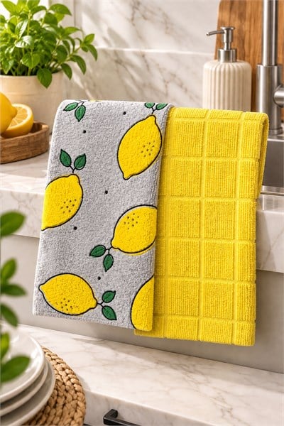 Limon Desenli Mikrofiber Kurulama Bezi Sarı