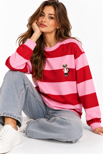 Kadın Uzun Kollu Çizgili Ayıcık Desenli Sweatshirt Pembe