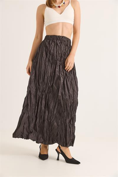Kırışık Model Beli Lastikli Kadın Etek Füme