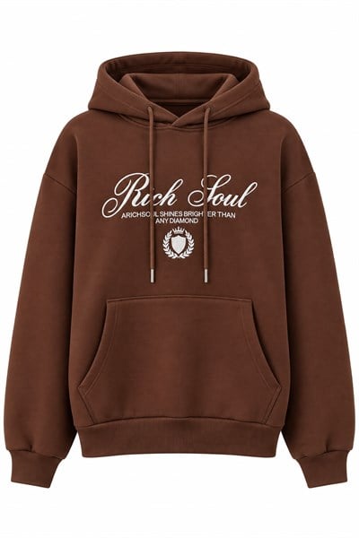 Kadın Baskılı Oversize Kapüşonlu Cep Detay Sweatshirt Kahverengi