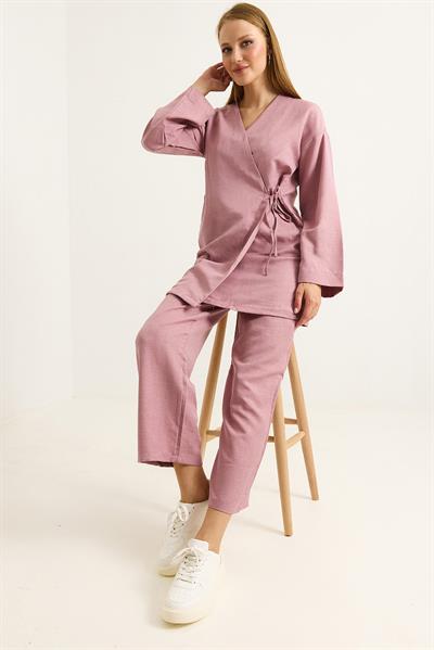 Yandan Bağlamalı Kimono Pantolon İkili Takım Gül Kurusu