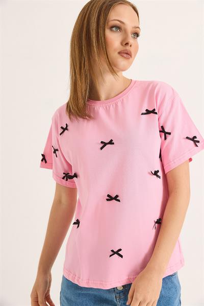 Fiyonk Detaylı Fit Pamuk Tshirt Pembe