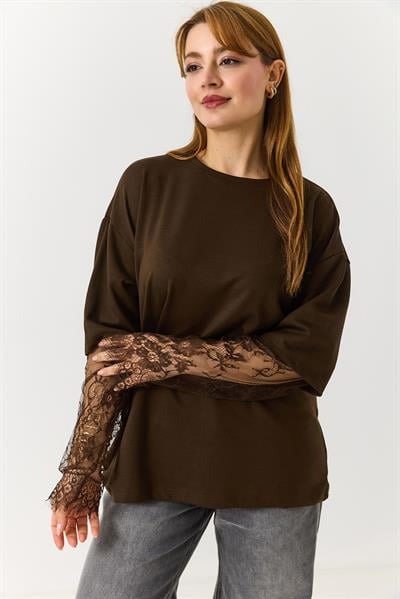Kadın Kolu Tül Detaylı Oversize Tshirt Kahverengi