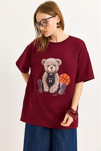 Ayıcık Baskılı Bisiklet Yaka Tshirt  Bordo