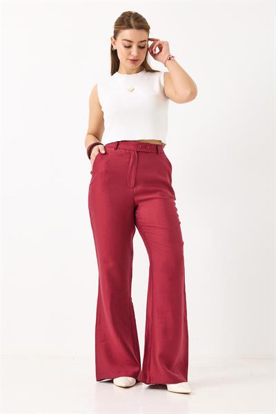 Kadın İspanyol Paça Çift Düğmeli Kumaş Pantolon Bordo