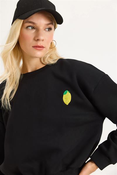 Limon Nakışlı Üç İplik Swetshirt Siyah