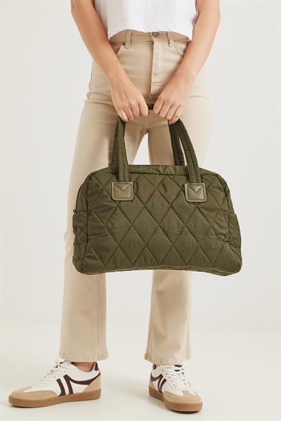 Kapitone Kumaş Cüzdanlı  El Ve Omuz Çantası Haki