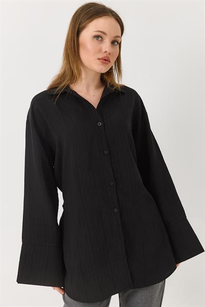 Kadın Siyah Oversize İnce Kemerli İspanyol Kol Yumuşak Keten Gömlek
