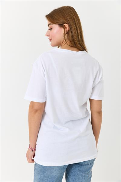 Kadın Basketbol Grafik Baskılı Günlük Tshirt  Beyaz