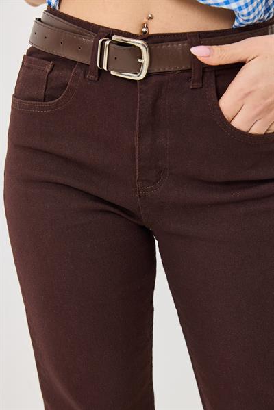 Kadın Kesik Boru Paça Kemerli Kot Pantolon