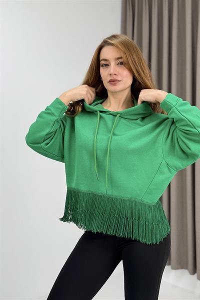 Kadın İp Saçaklı Kapuşonlu Sweatshirt Yeşil