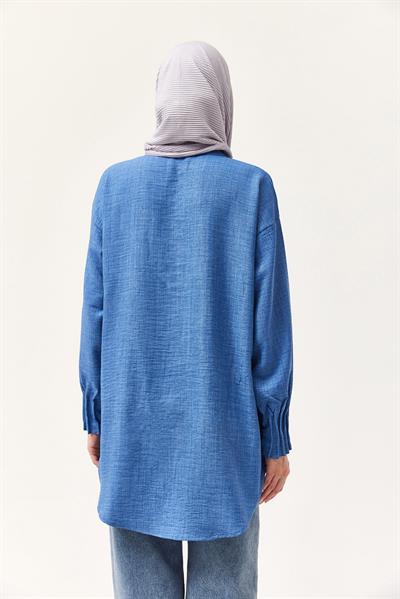 Keten Kumaş Kol Nervül Detaylı Gömlek Tunik Mavi