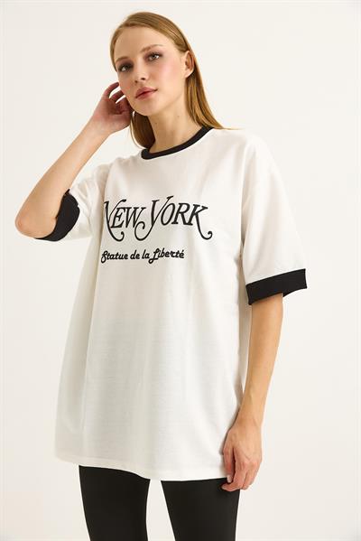 Kolları Garnili Baskılı  Oversize Kadın Tshirt