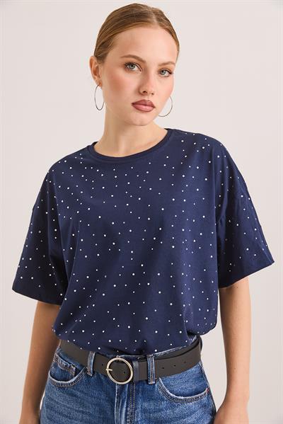Taş Detaylı Rahat Kalıp Premium Pamuk Tshirt	Lacivert