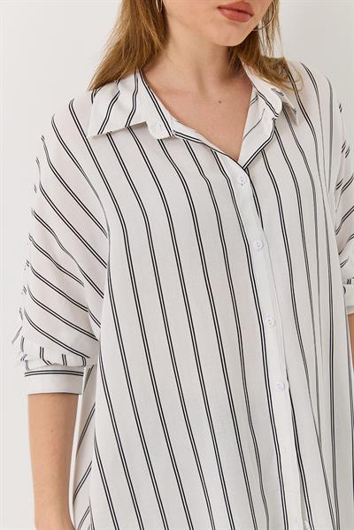 Kadın Çizgili Oversize Beyaz Gömlek