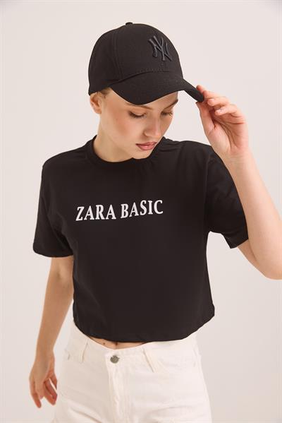 Baskılı Kısa Kol Pamuk Crop Tshirt Siyah
