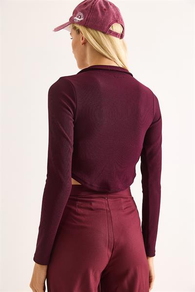 Kadın Polo Yaka Fermuarlı  Fitilli Kaşkorse Crop Bordo