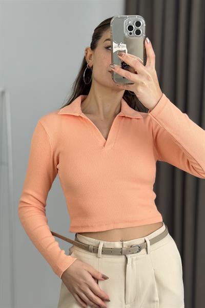 Kadın Polo Yaka Fitilli Crop Bluz Turuncu
