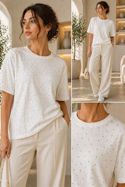 Oval Kesim Taş Baskılı Oversize Tshirt Beyaz