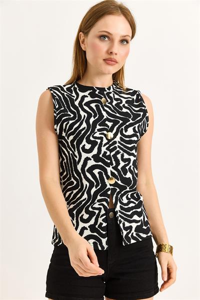 Bisiklet Yaka Gold Düğmeli Ottoman Fitilli Bluz Zebra Siyah Beyaz