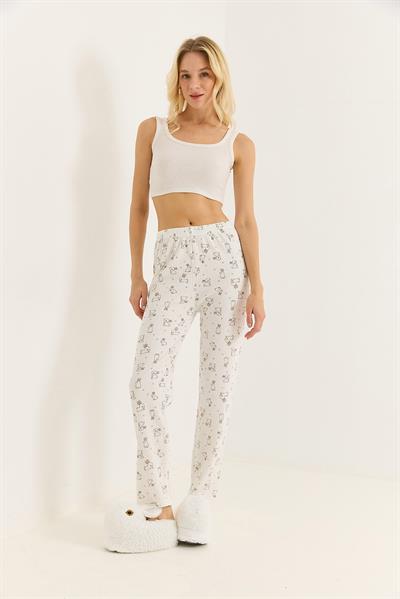 Kadın Renkli Tavşan Baskılı İnterlok Pamuk Pijama Altı Beyaz