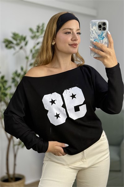 Kayık Yaka Viskon 98 Baskılı  Uzun Kollu Tshirt Siyah