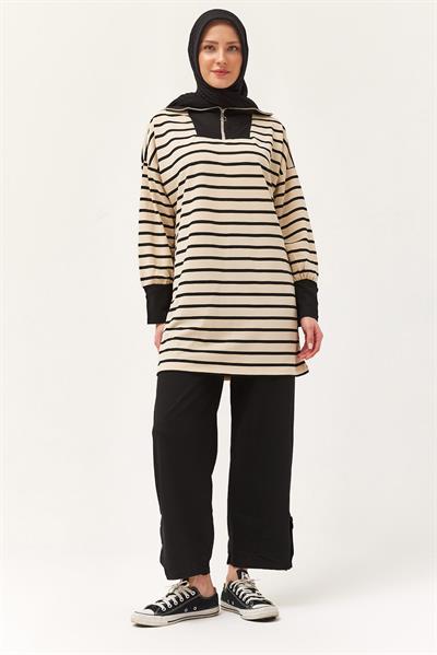 Yaka Fermuarlı Kol Detaylı  İkili Takım Siyah