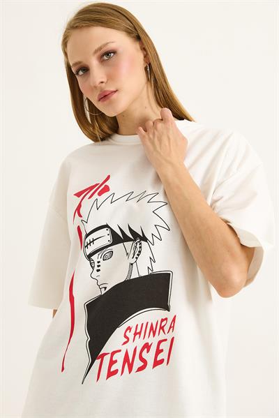 Baskılı Oversize Bisiklet Yaka Tshirt Beyaz