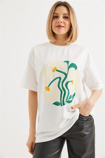 Baskılı Bisiklet Yaka Tshirt Beyaz