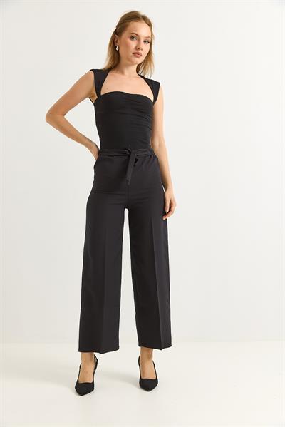 Bel Kuşaklı Bol Paça Krep Pantolon Siyah