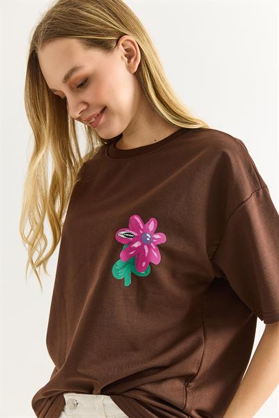 Baskılı Bisiklet Yaka Basic Tshirt Kahverengi