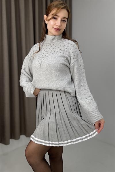 Kadın Pileli Kolej Mini Etek Gri