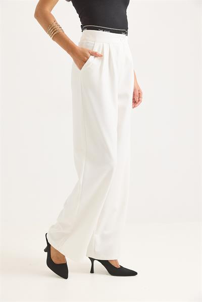 Geniş Paça Kemeri Garnili Palazzo Pantolon Beyaz