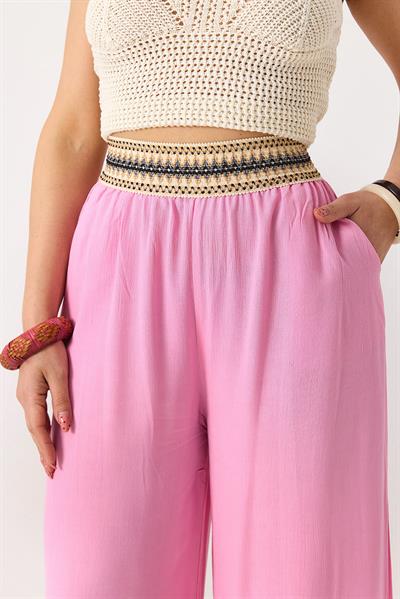 Kadın Beli Etnik Desen Keten Salaş Pantolon