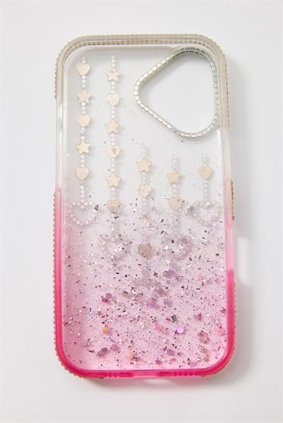 İphone 16  Uyumlu Şeffaf ve Mor Geçişli Kalp-Yıldız Taşlı Kılıf Pembe