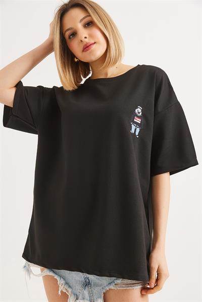 Nakışlı Bisiklet Yaka Tshirt Siyah