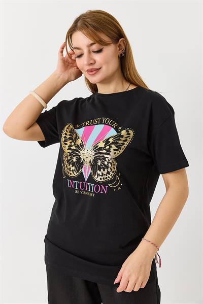 Kadın  Bisiklet Yaka Baskılı Kısa Kol Tshirt Siyah