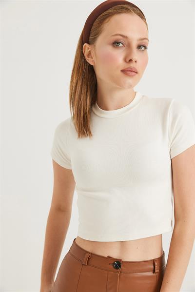 Bisiklet Yaka Esnek Crop Bluz Ekru