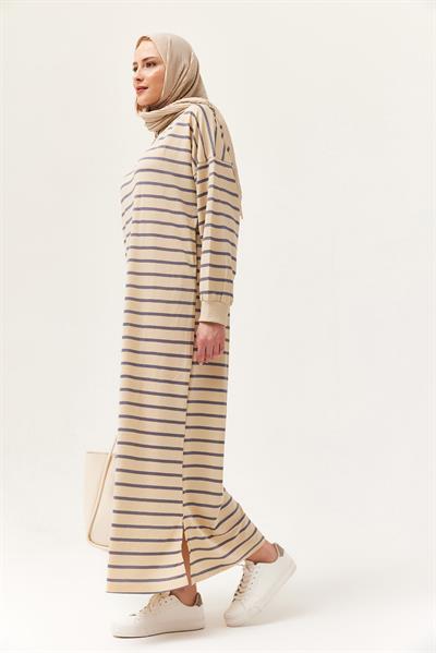 Yarım Fermuar Çizgili Uzun Elbise Gri