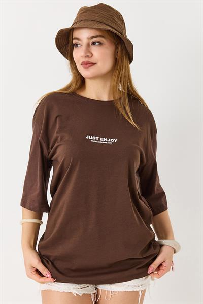 Kadın Yazı Baskılı Bisiklet Yaka Tshirt Kahverengi