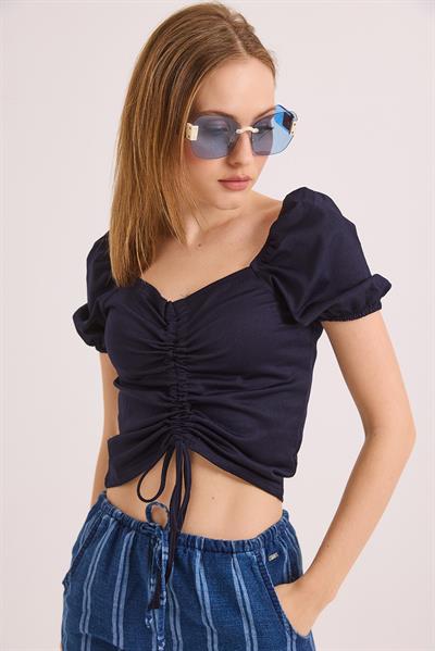 Desenli Prenses Kol Önden Büzgülü Bluz Lacivert