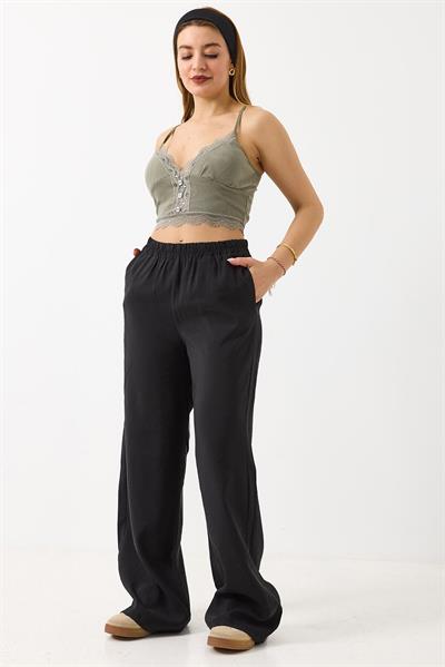 Kadın Bol Kesim Tensel Kumaş Beli Lastikli Siyah