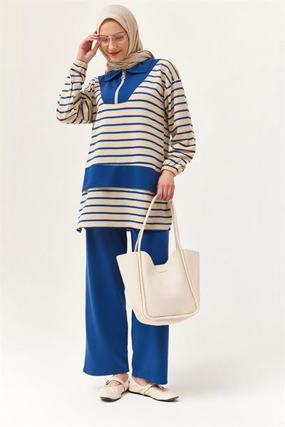 Fermuarlı Çizgili Gömlek Yaka Takım Lacivert