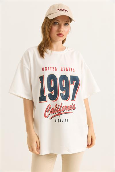 1997 Baskılı Oversize İki İplik Tshirt Beyaz