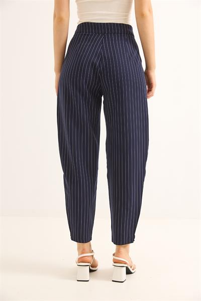 Kemeri Çift Düğmeli Çizgili Palazzo Pantolon Lacivert