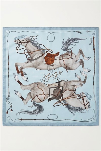 At Figürlü 60X65 Ölçülü Saten Fular Mavi
