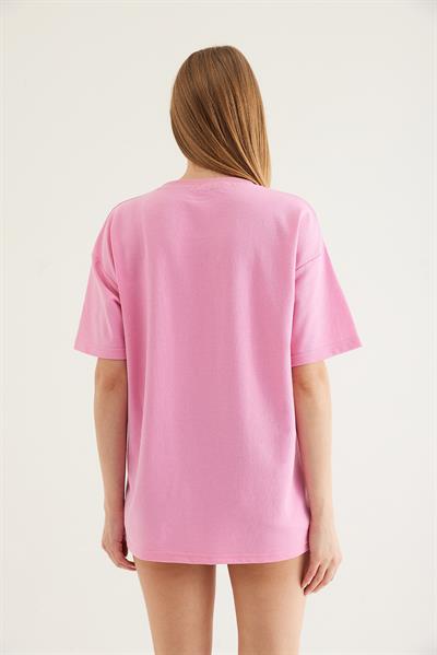 Kurdele Baskı Detaylı Basic Tshirt Pembe